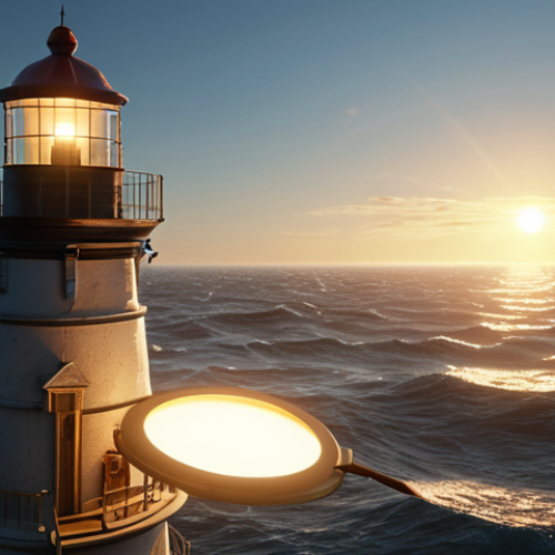 Home 11 **A person illuminated by a lighthouse, navigating a vast ocean of information with tools, representing self-directed learning.** (Focuses on the guiding light and navigating information.)