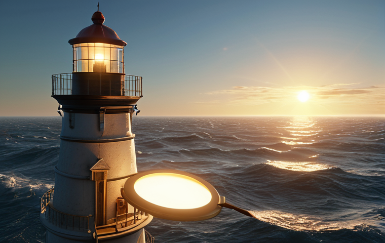 **A person illuminated by a lighthouse, navigating a vast ocean of information with tools, representing self-directed learning.** (Focuses on the guiding light and navigating information.)