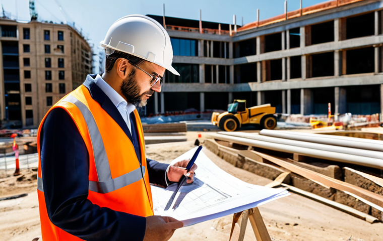 **

A professional architect, fully clothed in modest business attire, reviewing blueprints at a sunlit construction site in Barcelona. Appropriate content, safe for work, perfect anatomy, natural proportions, professional photography, high quality.

**